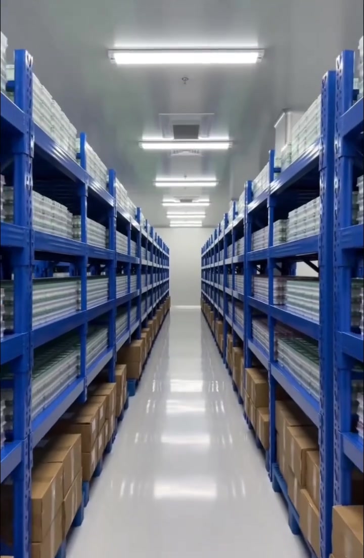 Warehouse shelves and storage aisle